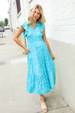 Find Love Blue Boho Print Flutter Sleeve Fit & Flare Dress