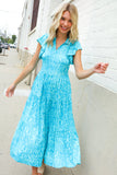 Find Love Blue Boho Print Flutter Sleeve Fit & Flare Dress