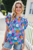 All For You Aqua Tropical Print Frill Notch Neck Puff Sleeve Top