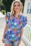 All For You Aqua Tropical Print Frill Notch Neck Puff Sleeve Top