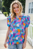 All For You Aqua Tropical Print Frill Notch Neck Puff Sleeve Top