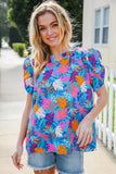 All For You Aqua Tropical Print Frill Notch Neck Puff Sleeve Top