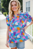 All For You Aqua Tropical Print Frill Notch Neck Puff Sleeve Top