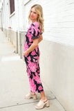 Spring Vibes Black Floral Print Ruffle Sleeve Wide Leg Jumpsuit