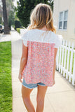 Coral & White Cotton Floral Embroidered Yoke Top