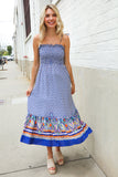Follow Me Navy Boho Print Smocked Shoulder Tie Border Hem Dress