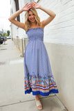 Follow Me Navy Boho Print Smocked Shoulder Tie Border Hem Dress
