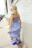 Follow Me Navy Boho Print Smocked Shoulder Tie Border Hem Dress