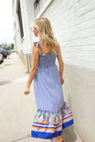 Follow Me Navy Boho Print Smocked Shoulder Tie Border Hem Dress