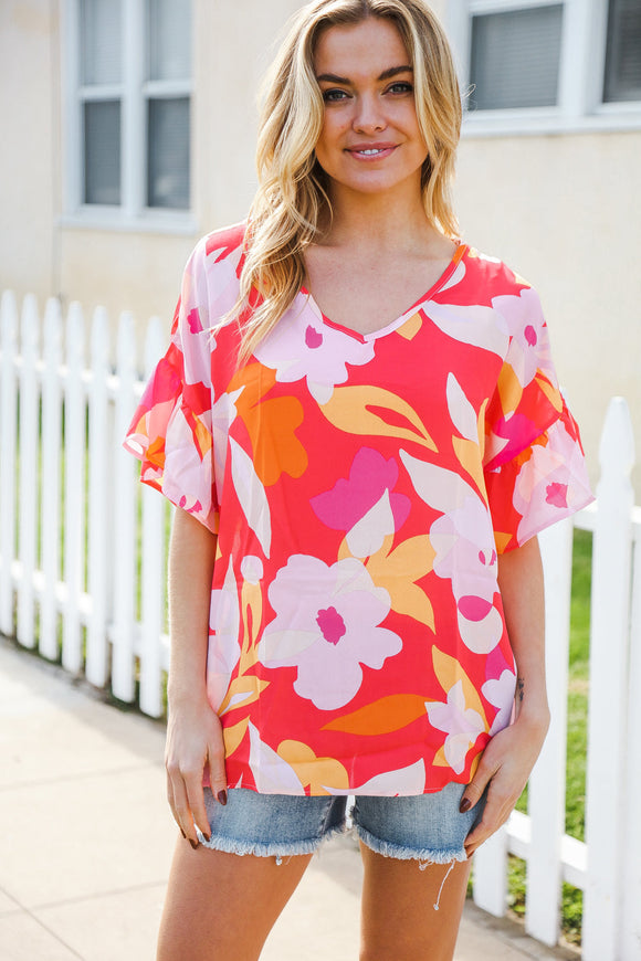 Tropical Vibes Peach Floral Dolman Ruffle Frill Sleeve Blouse