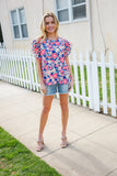 Vacay Ready Blue & Fuchsia Floral Smocked Ruffle Sleeve Top