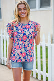 Vacay Ready Blue & Fuchsia Floral Smocked Ruffle Sleeve Top