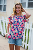 Vacay Ready Blue & Fuchsia Floral Smocked Ruffle Sleeve Top