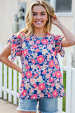 Vacay Ready Blue & Fuchsia Floral Smocked Ruffle Sleeve Top