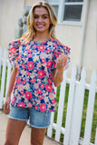 Vacay Ready Blue & Fuchsia Floral Smocked Ruffle Sleeve Top