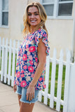 Vacay Ready Blue & Fuchsia Floral Smocked Ruffle Sleeve Top