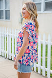 Vacay Ready Blue & Fuchsia Floral Smocked Ruffle Sleeve Top