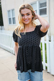 Spring Vibes Midnight Eyelet Puff Sleeve Babydoll Top