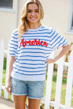 America Proud Blue Striped Embroidered Puff Sleeve Top