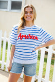 America Proud Blue Striped Embroidered Puff Sleeve Top