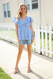 Hello Beautiful Blue Plaid V Neck Ruffle Elastic Babydoll Top