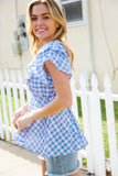 Hello Beautiful Blue Plaid V Neck Ruffle Elastic Babydoll Top