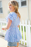 Hello Beautiful Blue Plaid V Neck Ruffle Elastic Babydoll Top