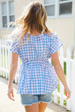 Hello Beautiful Blue Plaid V Neck Ruffle Elastic Babydoll Top