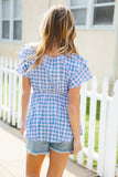 Hello Beautiful Blue Plaid V Neck Ruffle Elastic Babydoll Top