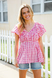 Hello Beautiful Fuchsia Plaid V Neck Ruffle Elastic Babydoll Top