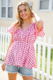 Hello Beautiful Fuchsia Plaid V Neck Ruffle Elastic Babydoll Top