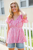 Hello Beautiful Fuchsia Plaid V Neck Ruffle Elastic Babydoll Top