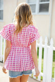 Hello Beautiful Fuchsia Plaid V Neck Ruffle Elastic Babydoll Top