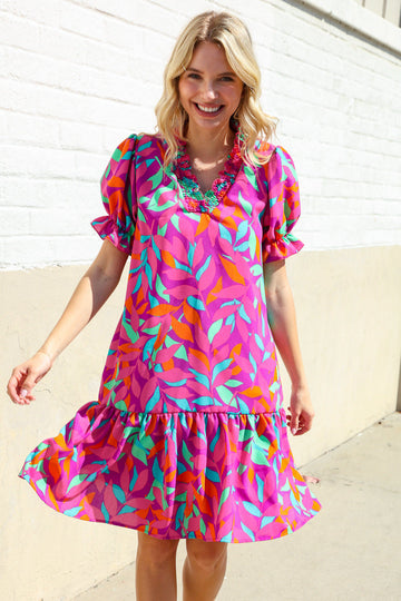 Fuchsia Tropical Leaf Woven Ruffle Hem Pocketed Dress