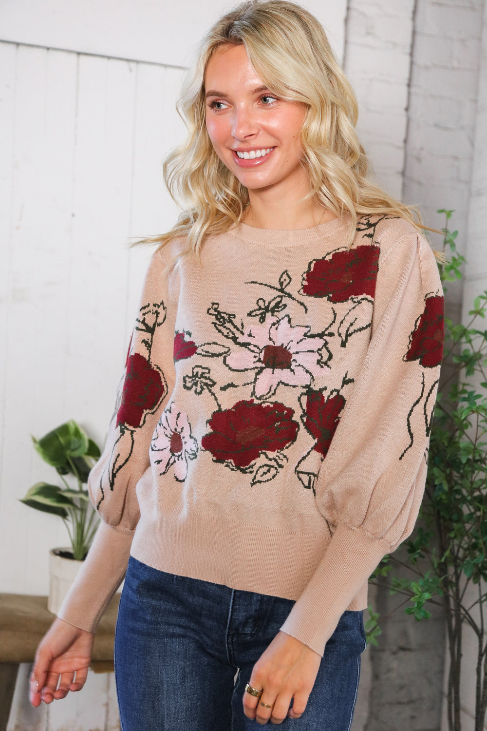 Scarlet Petals Bubble Sleeve Sweater