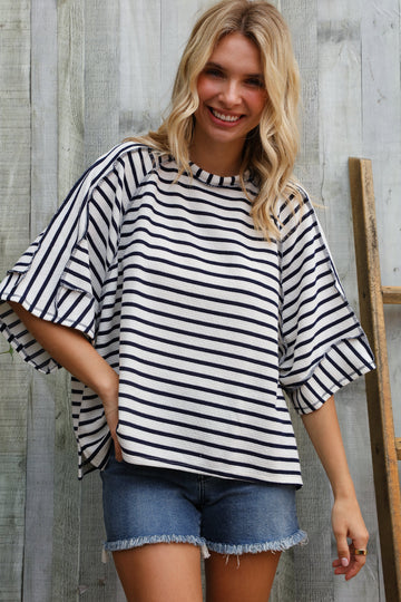 Casual Chic Cotton Navy & Cream Stripe Raglan 3/4 Sleeve Pullover