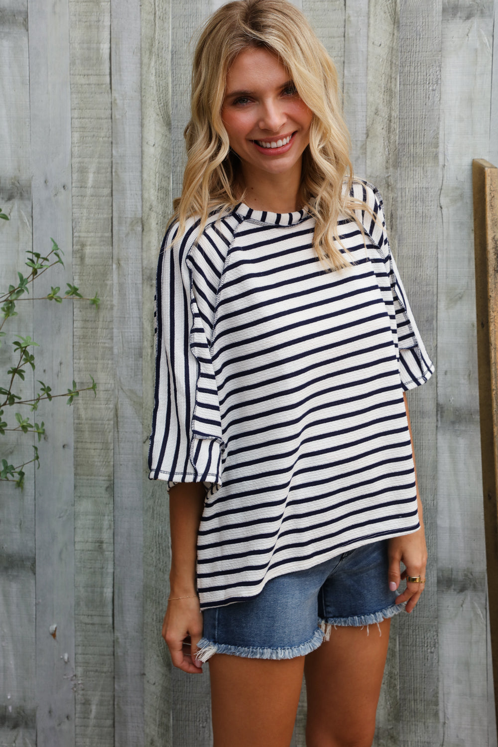 Casual Chic Cotton Navy & Cream Stripe Raglan 3/4 Sleeve Pullover