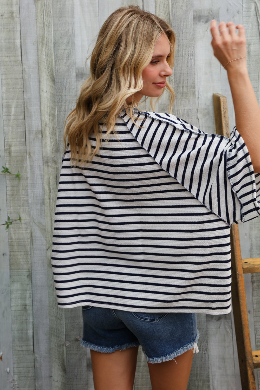 Casual Chic Cotton Navy & Cream Stripe Raglan 3/4 Sleeve Pullover