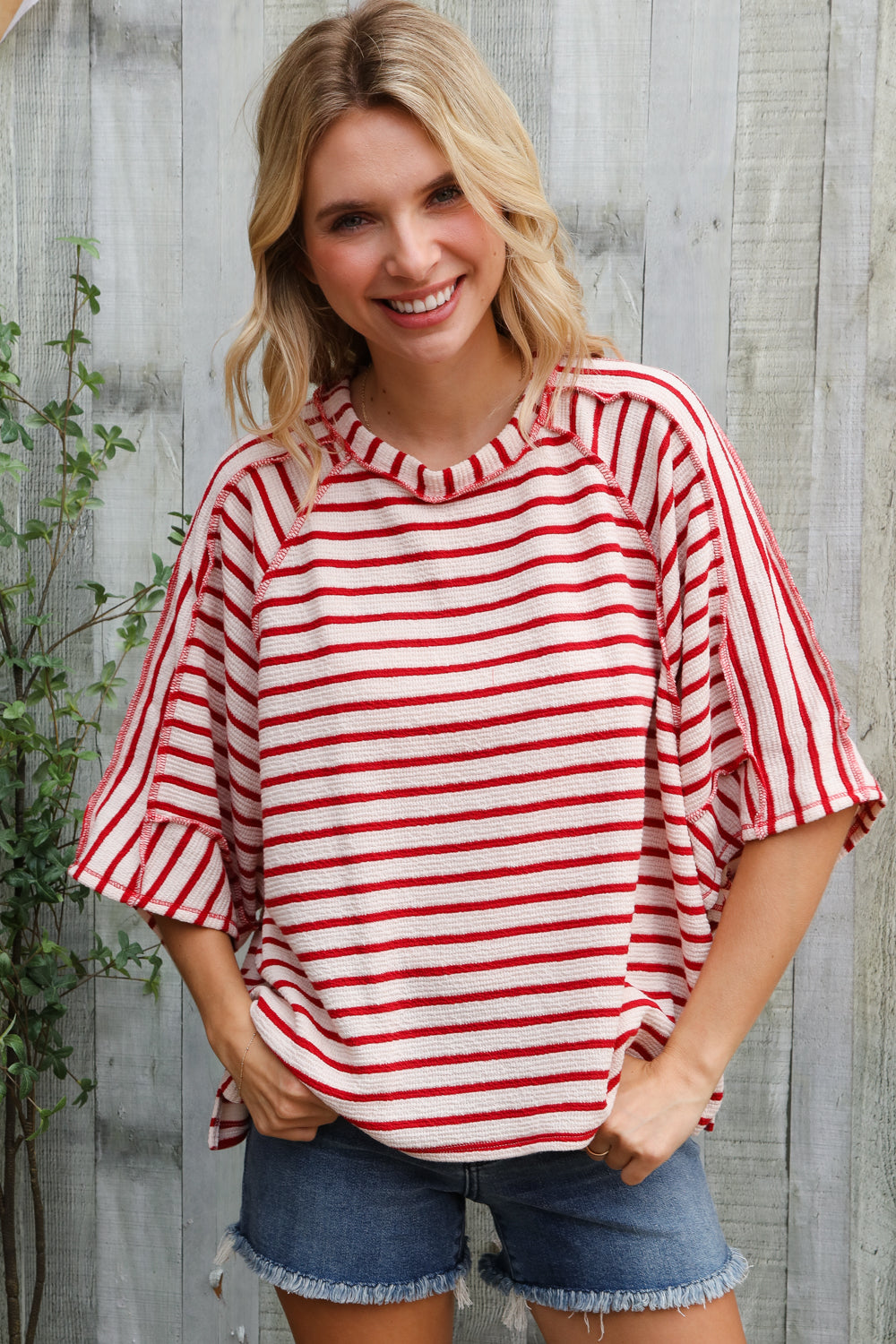 Casual Chic Cotton Red & Cream Stripe Raglan 3/4 Sleeve Pullover