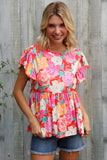 Feeling Femme' Coral Floral Print Folded Short Sleeve Babydoll Top