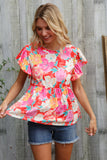 Feeling Femme' Coral Floral Print Folded Short Sleeve Babydoll Top