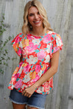 Feeling Femme' Coral Floral Print Folded Short Sleeve Babydoll Top
