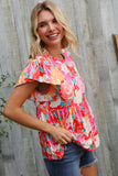 Feeling Femme' Coral Floral Print Folded Short Sleeve Babydoll Top