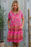 Boho Love Fuchsia Floral Print V Neck Dolman Sleeve Dress
