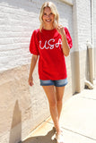 Patriotic USA Red Knit Embroidery Puff Sleeve Sweater Top