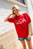 Patriotic USA Red Knit Embroidery Puff Sleeve Sweater Top