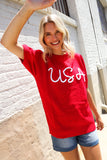 Patriotic USA Red Knit Embroidery Puff Sleeve Sweater Top