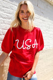 Patriotic USA Red Knit Embroidery Puff Sleeve Sweater Top