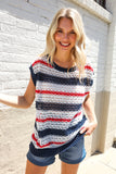 Feeling Festive Red White & Blue Striped Crochet Sweater Top