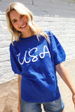 Patriotic USA Blue Knit Embroidery Puff Sleeve Sweater Top